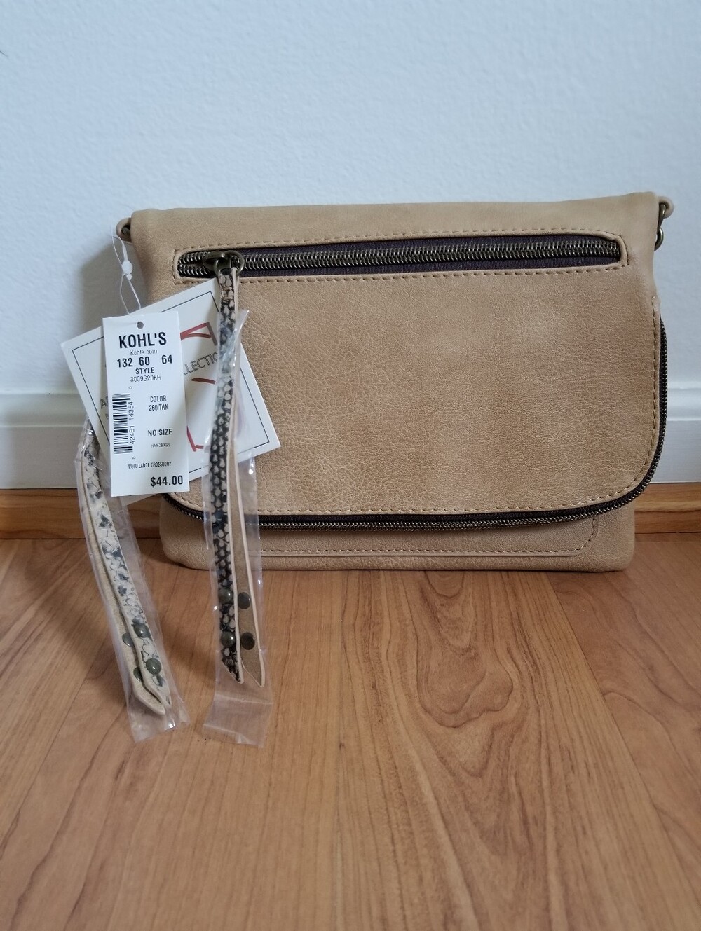 Arrow Rose Collection Tan Fold-Over Crossbody Bag with Zip Accents
